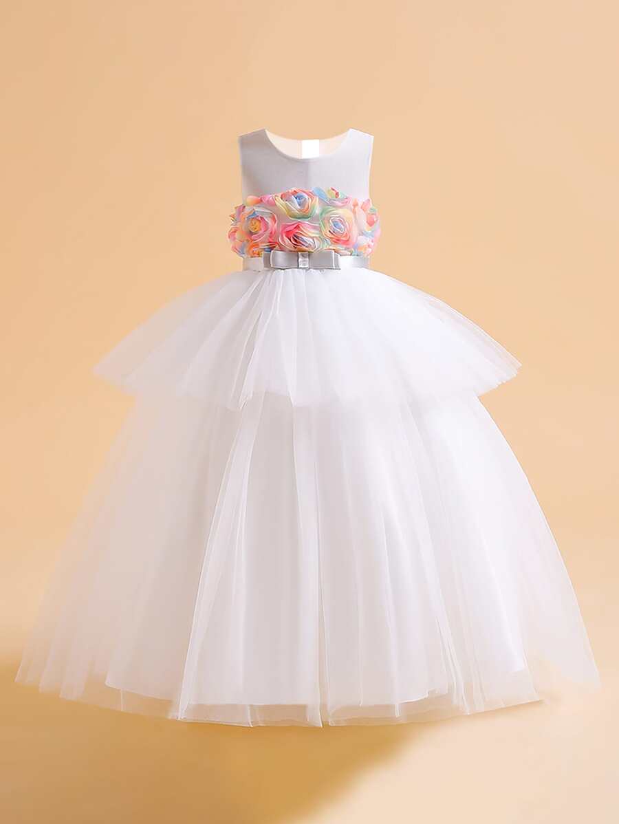 Tween Girl Formal Dress With Satin, Mesh & 3D Flower Decoration, Full-Length, Elegant & Luxurious Party Dress, Suitable For Hosting - White - View 1