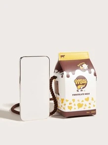 1pc Children's Brown Chocolate Banana Cow Pattern PU Milk Box Shaped Cute Cartoon Shoulder Bag, Versatile For Daily Use - Coffee Brown - View 4