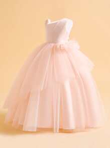 Girls' Elegant Off-shoulder Tulle Fluffy Princess Dress, Solid Colour Prom/flower Girl/cocktail Party Dress - Baby Pink - View 4