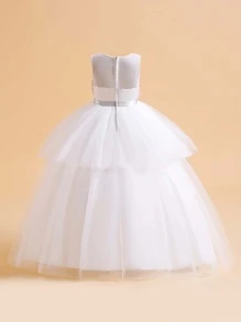 Tween Girl Formal Dress With Satin, Mesh & 3D Flower Decoration, Full-Length, Elegant & Luxurious Party Dress, Suitable For Hosting - White - View 2