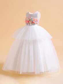 Tween Girl Formal Dress With Satin, Mesh & 3D Flower Decoration, Full-Length, Elegant & Luxurious Party Dress, Suitable For Hosting - White - View 3