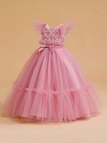 Váy dài trơn màu họa tiết hoa cho bé gái tuổi teen, trang phục thanh lịch phù hợp cho các sự kiện trang trọng và tiếp khách - Bụi hồng - Xem 4