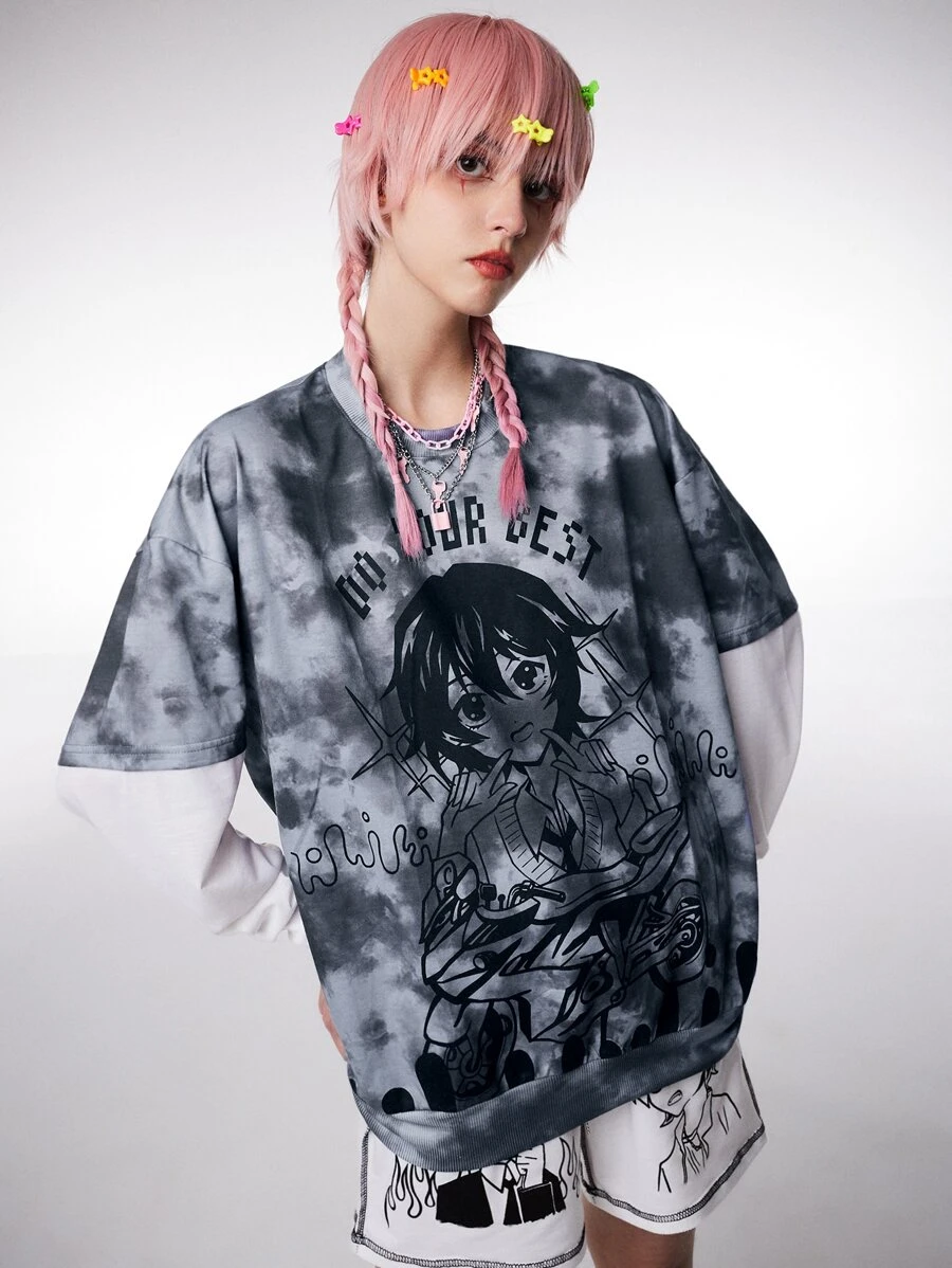 ROMWE Anime Tie Dye Figure Graphic Sweatshirt - Multicolor - View 1