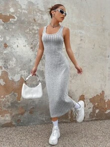 SHEIN EZwear Solid Ribbed Knit Tank Dress - Grey - View 3