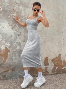 SHEIN EZwear Solid Ribbed Knit Tank Dress - Grey - View 4