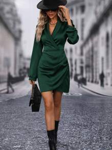 SHEIN LUNE Shawl Collar Asymmetrical Hem Satin Dress - Green - View 3