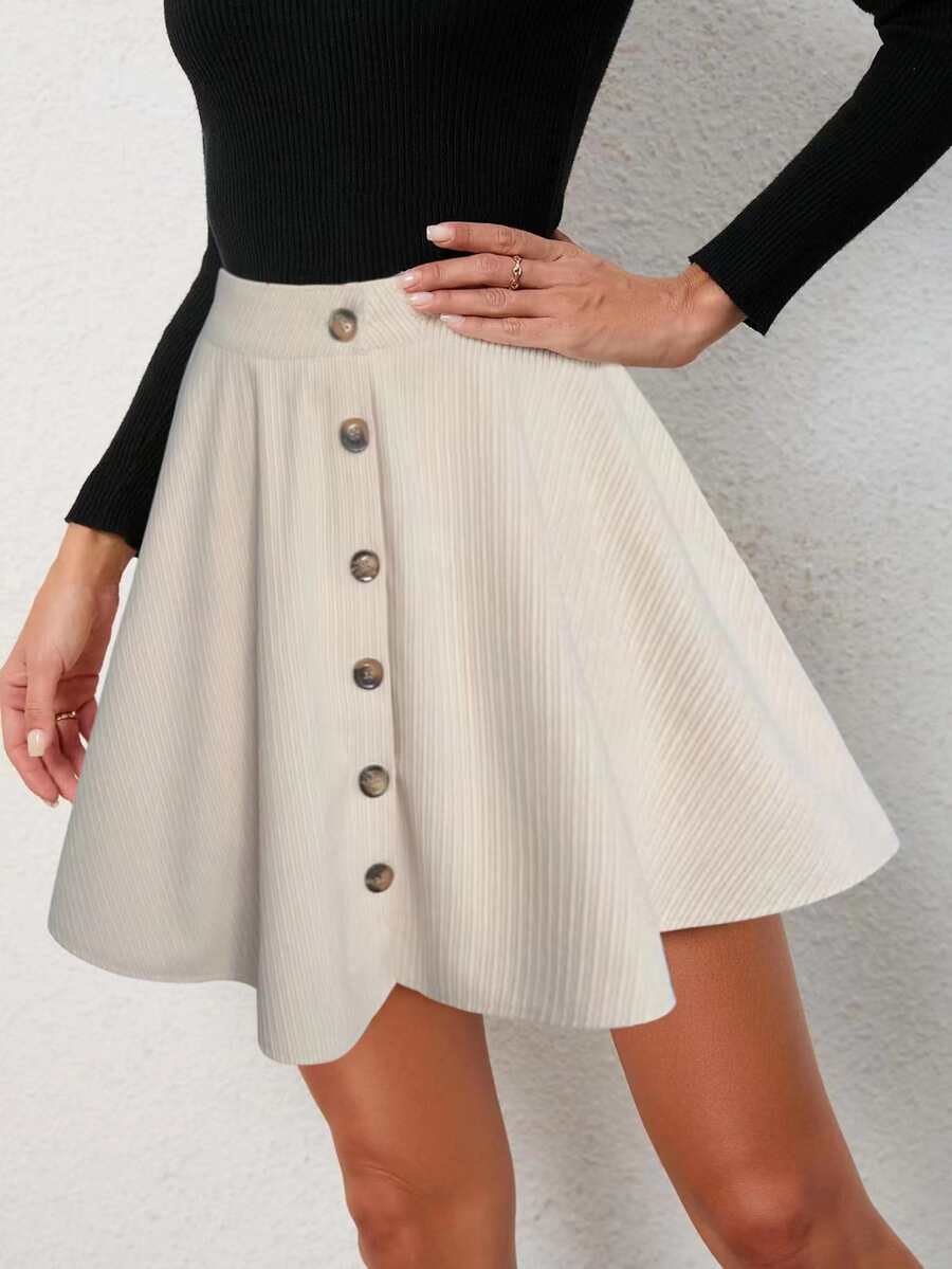 Button Front Flare Skirt - Apricot - View 1