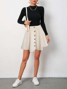 Button Front Flare Skirt - Apricot - View 4