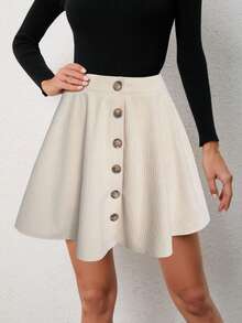 Button Front Flare Skirt - Apricot - View 5