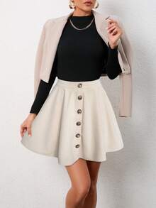 Button Front Flare Skirt - Apricot - View 6