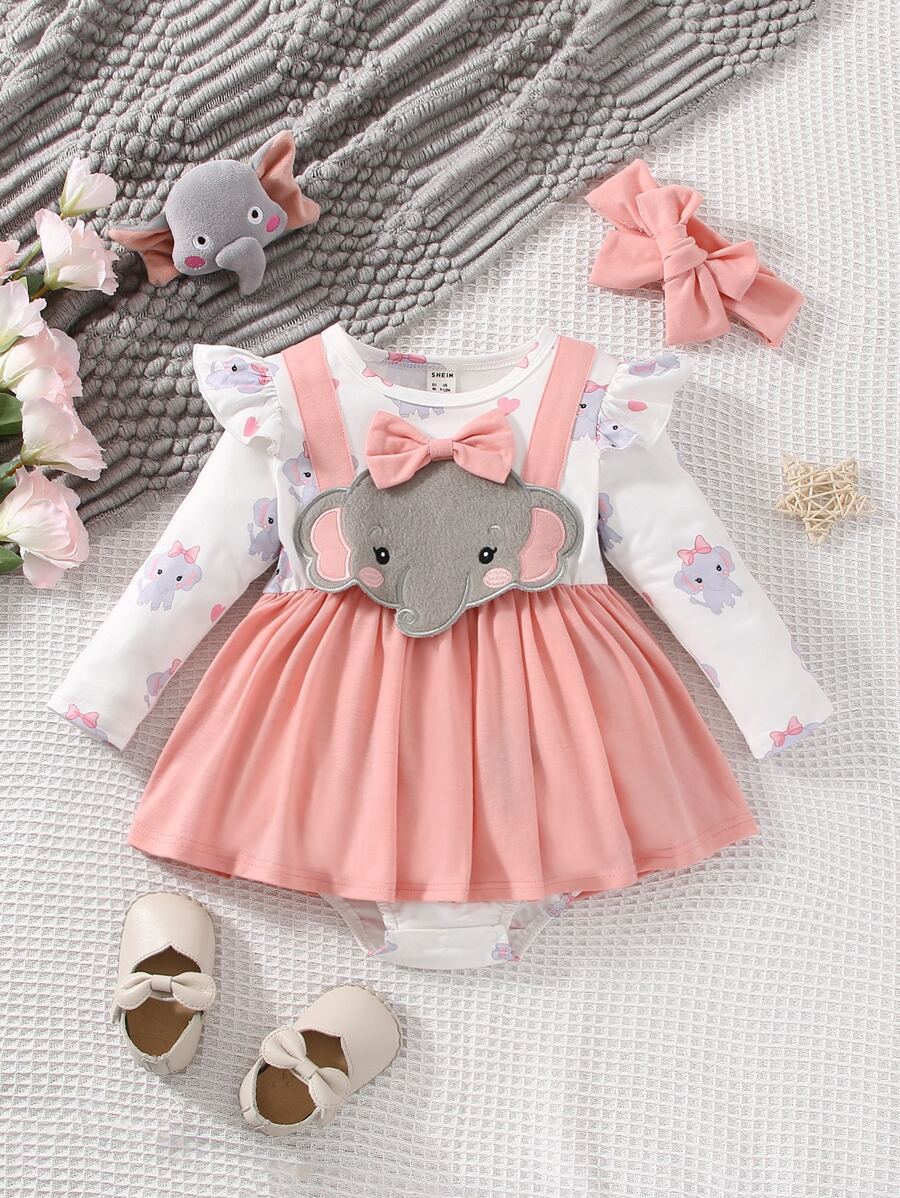 嬰兒大象補丁貼荷葉邊假兩件拼接連體衣連衣裙和頭巾 - 彩色 - 查看 1