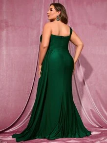 Plus One Shoulder Split Thigh Prom Dress - Dark Green - View 2