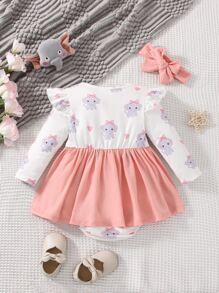 嬰兒大象補丁貼荷葉邊假兩件拼接連體衣連衣裙和頭巾 - 彩色 - 查看 2