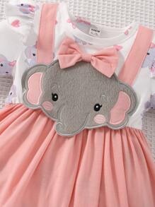 嬰兒大象補丁貼荷葉邊假兩件拼接連體衣連衣裙和頭巾 - 彩色 - 查看 3