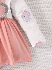 嬰兒大象補丁貼荷葉邊假兩件拼接連體衣連衣裙和頭巾 - 彩色 - 查看 4