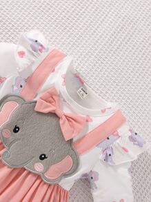 嬰兒大象補丁貼荷葉邊假兩件拼接連體衣連衣裙和頭巾 - 彩色 - 查看 7