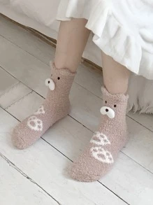 Toddler Girls Paw Pattern Bear Decor Crew Socks - Pink - View 1