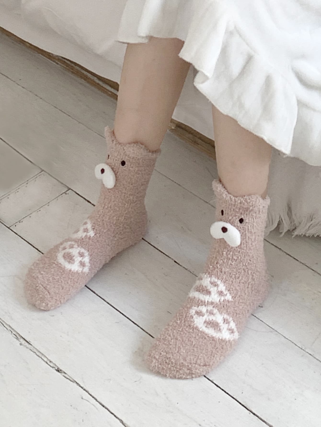 Toddler Girls Paw Pattern Bear Decor Crew Socks - Pink - View 1