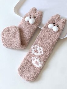 Toddler Girls Paw Pattern Bear Decor Crew Socks - Pink - View 2