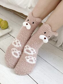 Toddler Girls Paw Pattern Bear Decor Crew Socks - Pink - View 3