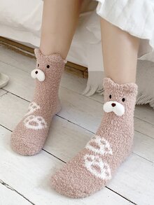 Toddler Girls Paw Pattern Bear Decor Crew Socks - Pink - View 4