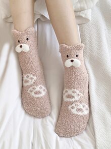 Toddler Girls Paw Pattern Bear Decor Crew Socks - Pink - View 5