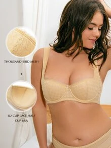 Plus Solid Lace Trim Bra - Apricot - View 1
