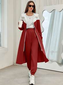 Mulvari Colour Block Slant Pockets Hooded Coat & Trousers - Burgundy - View 1