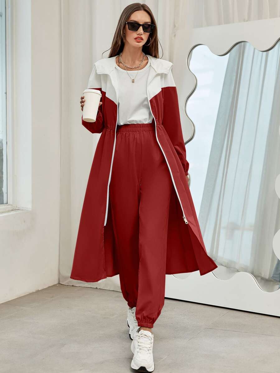 Mulvari Colour Block Slant Pockets Hooded Coat & Trousers - Burgundy - View 1