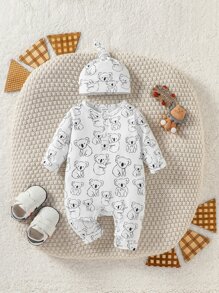 男婴童卡通圖案連身褲和帽