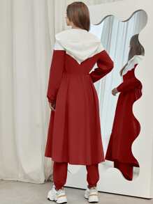 Mulvari Colour Block Slant Pockets Hooded Coat & Trousers - Burgundy - View 2