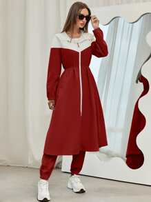 Mulvari Colour Block Slant Pockets Hooded Coat & Trousers - Burgundy - View 3