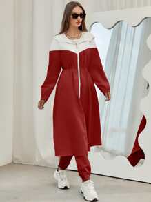 Mulvari Colour Block Slant Pockets Hooded Coat & Trousers - Burgundy - View 4