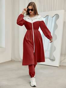 Mulvari Colour Block Slant Pockets Hooded Coat & Trousers - Burgundy - View 5