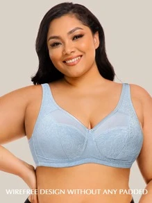 Wingslove Plus Sheer Mesh Insert Floral Wireless Minimizer Bra - Dusty Blue - View 6