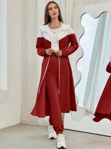 Mulvari Colour Block Slant Pockets Hooded Coat & Trousers - Burgundy - View 6