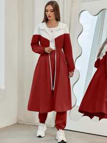 Mulvari Colour Block Slant Pockets Hooded Coat & Trousers - Burgundy - View 7