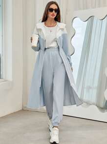 Mulvari Colour Block Slant Pockets Hooded Coat & Trousers - Baby Blue - View 1