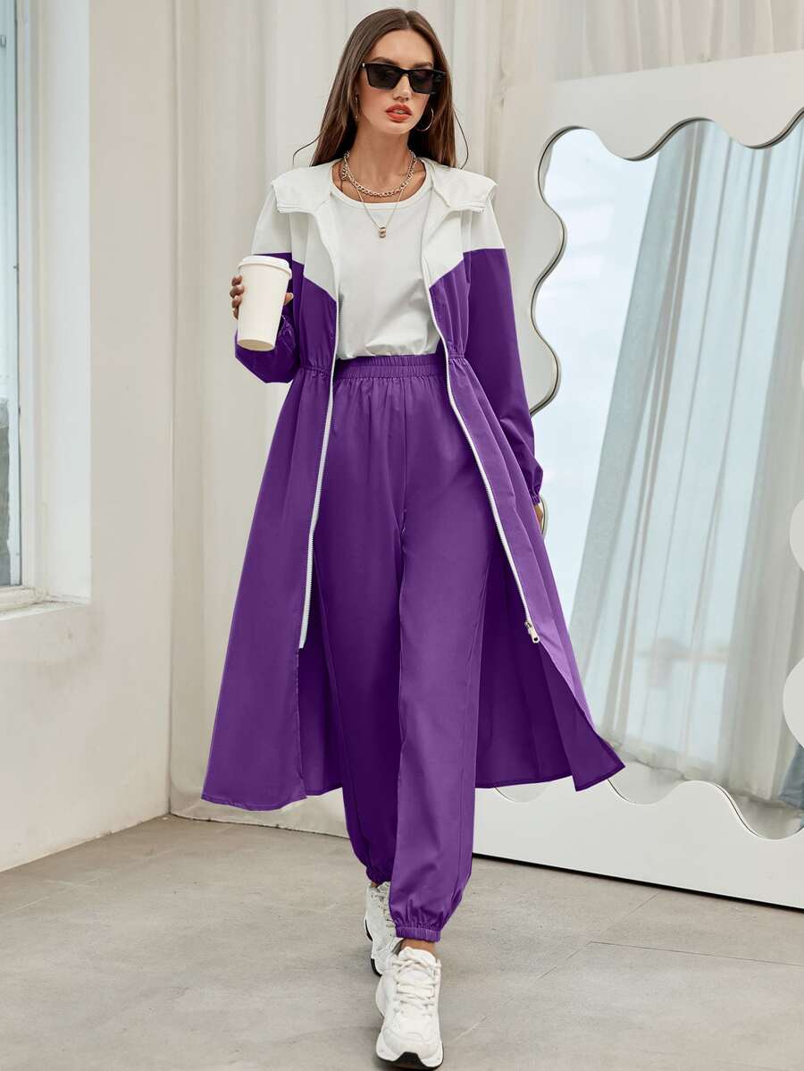 Mulvari 撞色斜插口袋連帽外套和褲子 - 紫羅蘭色 - 查看 1