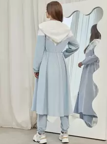Mulvari Colour Block Slant Pockets Hooded Coat & Trousers - Baby Blue - View 2