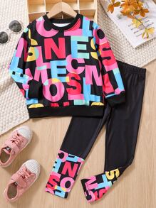 小女童字母圖案套頭衫和緊身打底褲