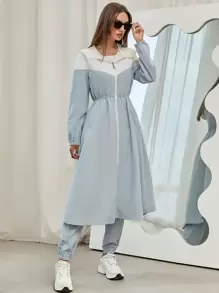 Mulvari Colour Block Slant Pockets Hooded Coat & Trousers - Baby Blue - View 4
