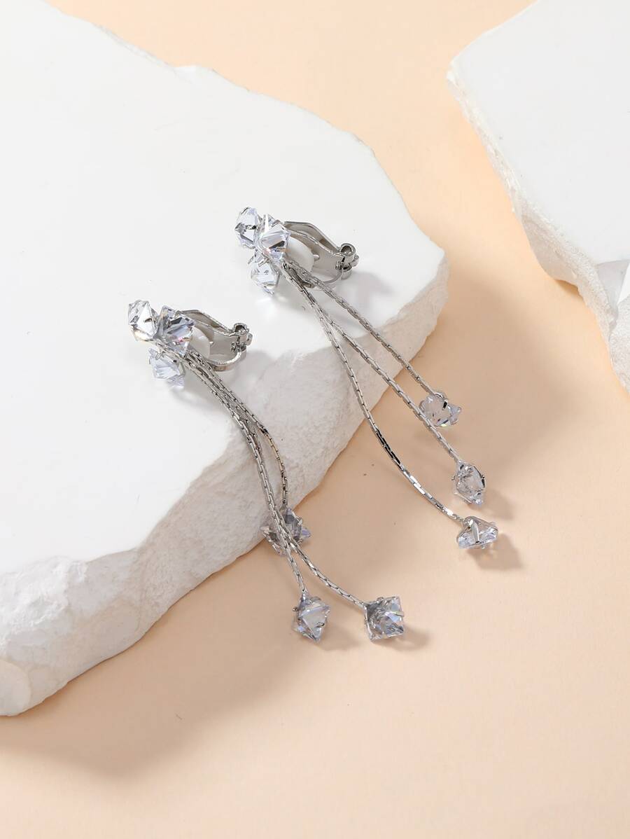 Rhinestone Tassel Decor Clip On Earrings - Silver - View 1