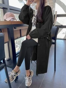 DAZY Solid Drop Shoulder Drawstring Waist Trench Coat,Fall Clothes Women Jacket - Black - View 5