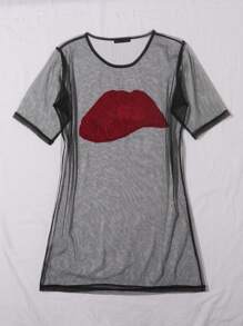 SHEIN LUNE Contrast Sequin Mouth Sheer Mesh Dress - Black - View 2