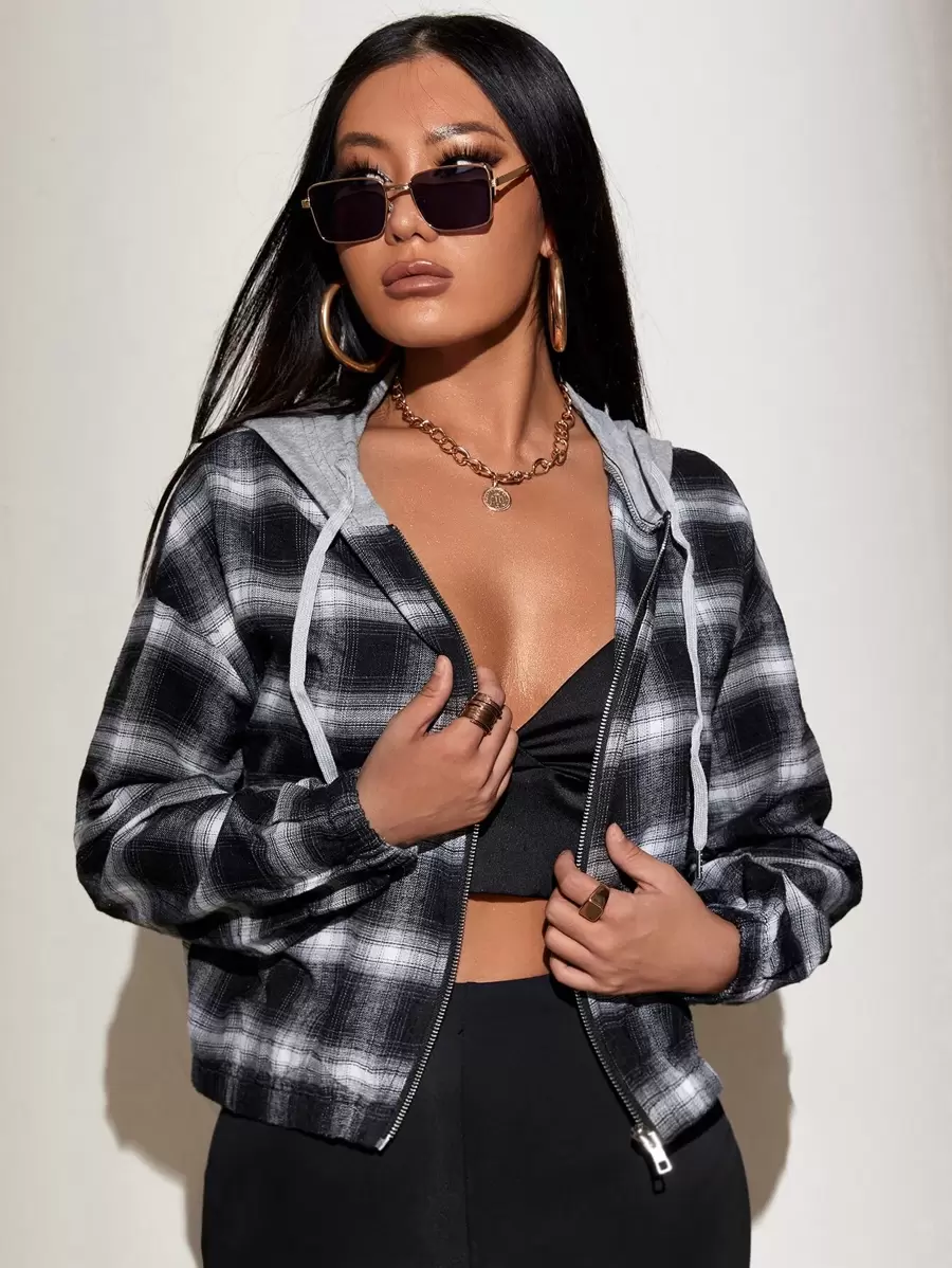 SHEIN SXY Plaid Drawstring Zip-Up Hooded Jacket In Fall/Winter