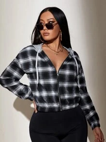 SHEIN SXY Plaid Drawstring Zip-Up Hooded Jacket In Fall/Winter