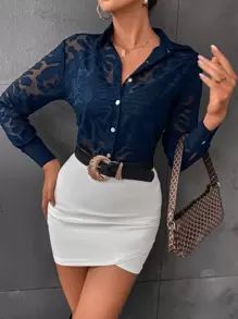 Aveloria Modichic Button Front Sheer Shirt Without Bra Elegant Business Casual Women Button Up Shirt Women ,Long Sleeve Tops Fall Cloth For Women - Navy Blue - View 5