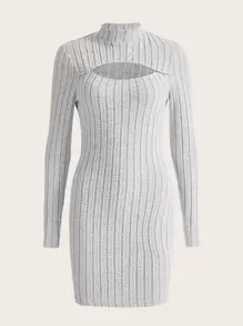 SHEIN EZwear Đầm Cắt ra Gân đan màu trơn Giải trí - Màu Xám nhạt - Xem 1