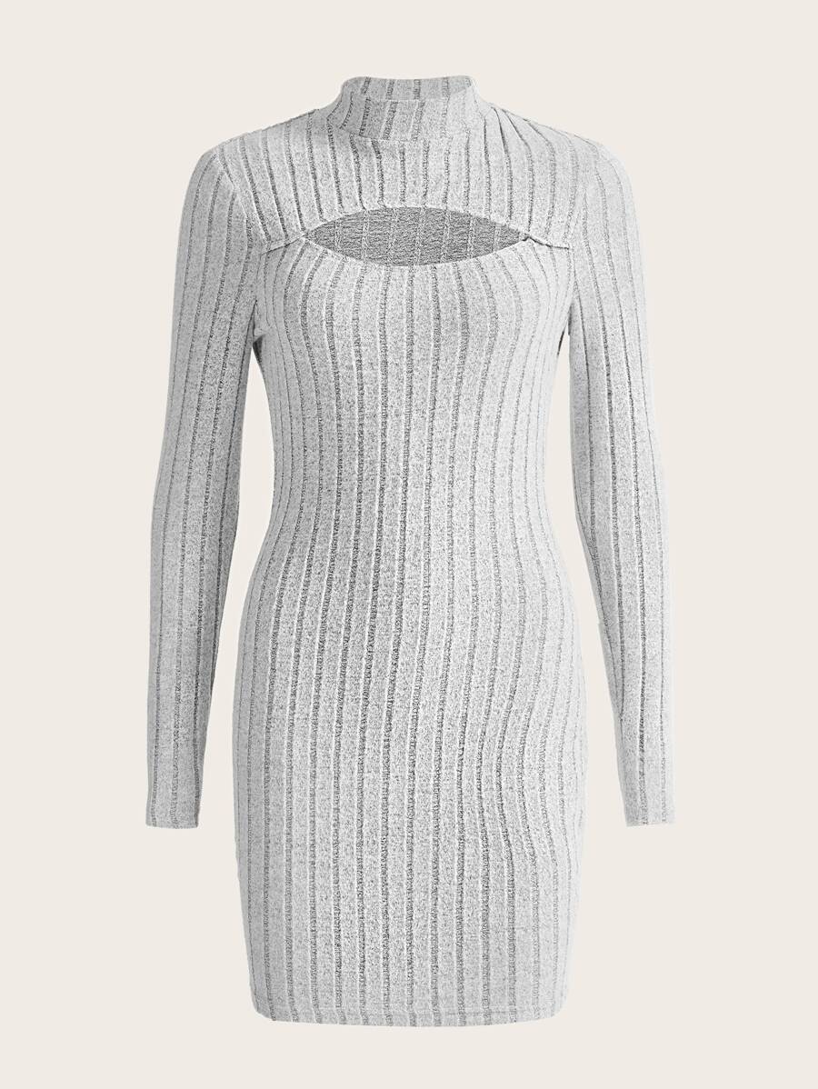 SHEIN EZwear Đầm Cắt ra Gân đan màu trơn Giải trí - Màu Xám nhạt - Xem 1